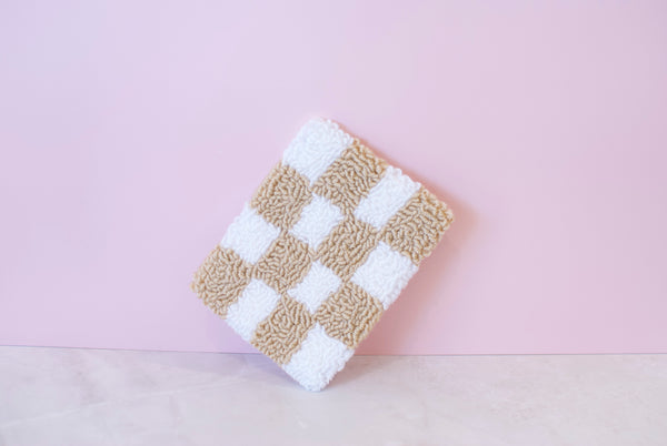 White + Tan Checkered Punch Needle Mug + Candle Coaster