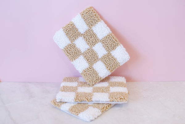 White + Tan Checkered Punch Needle Mug + Candle Coaster