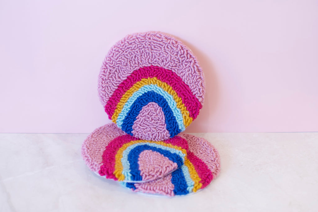 Pink Rainbow Punch Needle Mug + Candle Coaster
