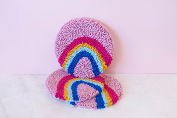 Pink Rainbow Punch Needle Mug + Candle Coaster