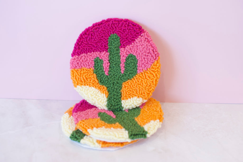Cactus Sunset Punch Needle Mug + Candle Coaster
