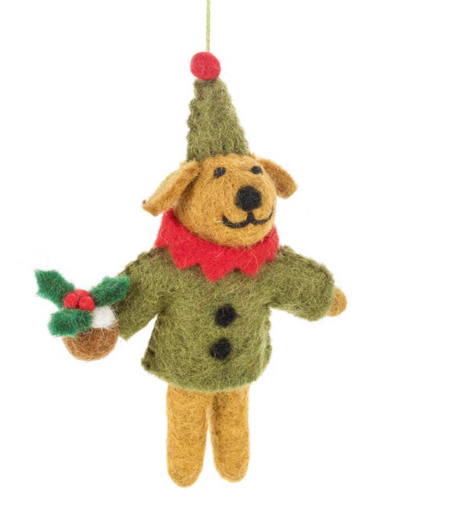 Handmade Felt Elf Dog Ornament